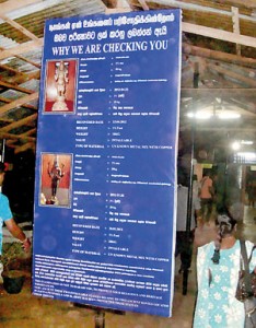 The billboard at the Omanthai checkpoint. Pic by Priyantha Hewage