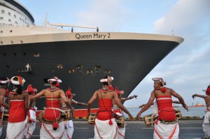 Picture shows a group of Kandyan dancers and drummers welcoming the ship.