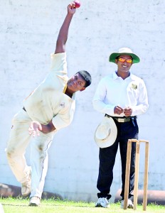 Ananda spinner Sammu Ashan who bagged a fifer in action at Ananda Mawatha yesterday.  -Pic Ranjith Perera