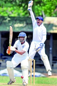 St. Anthony’s wicketkeeper successfully makes an lbw appeal against a Josephian batsman at Darley Road. However St. Joseph’s went on to turn the game around and snatch the victory. - Pic by Amila Gamage