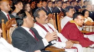 President Rajapaksa seen with Minister Amunugama and Trinity College Principal. Pic by M.D. Nissanka