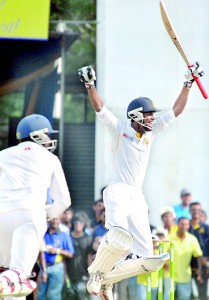 Royal deputy skipper Milan Abeysekara jumps with joy after hitting the winning boundary