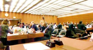 United States diplomats held an informal meeting at the Palais de Naciones where the UN Human Rights Council is in session. There, they presented the text of their second draft resolution on Sri Lanka. The meeting in session.