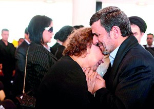 Controversy: This photo of President Ahmadinejad closely embracing Elena Frias de Chavez was slammed by religious conservatives in Iran