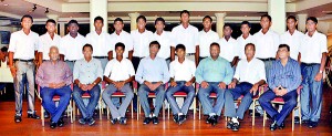 Back row standing from left: Shanuka Kodithuwakku, Heshan Kumarasiri, Isuru Gunathilaka, Roanaka Ahangamage, Anupa Tillekeratne, Randev Pathirana, Chamika Karunaratne, Sampath de Silva, Hashan Ramanayake, Poorna Aluthge, Harith Samarasinghe, Kaveesha Yapa, Shaminda Dias and Umesh Sooriyabandara. Seated from left:  Gihan Sugathapala, Dilip Somaratne (Director Royal College Cricket), Milan Abeysekera (Vice captain), Upali Gunasekera (Principal Royal College), Devind Pathmanathan (Captain), Neil Rajapaksha (Coach),  Jayantha Amerasinghe and Ray de Silva.