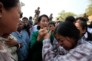 Daw Aung San Suu Kyi, the Burmese politician and Nobel laureate, visited villages in central Myanmar on Thursday that might be displaced by a copper mine and also toured the project. (Reuters)