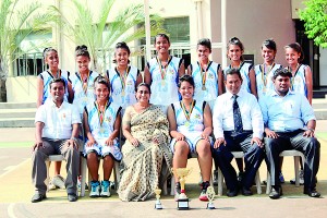 Front Row – L to R: Tharindu Fernando (Head Coach), Judith Fernando (Vice Captain), Mrs. Rohini Alles (Managing Director), Sandali Weerasinghe (Captain), Mr. Dervin Perera (Head of Sports), Mr. Fawzan (Teacher in charge) Back Row – L to R: Kalani De Silva, Hirushi De Soysa, Nethma Arsakulasuriya, ShazrinaRizvi, Lihini Perera, PasiniWithanage, Shanilie Ranatunga, and Shenuka Wakkumbura.