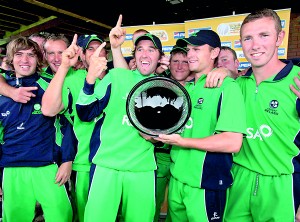The Irish cricketers celebrate a victory in Sharjah.