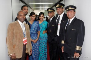 Seen here Captain Milinda Ratnayake (right), who piloted the first commercial flight – SriLankan Airlines from Dubai to Colombo via Mattala- , at the airport along with other pilots, stewardess and officials. A group of 40 passengers from the US  (via Dubai) got off at Mattala.