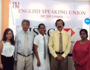 Standing from left to right - Ms.Senela Jayasuriya (Committee Member ? ESU, Sri Lanka Chapter), Mr.Upali Ratnayake (President ? ESU Sri Lanka Chapter), Miss Shehani Rajendra (Winner), Mr. Tilak Amerasinghe (Vice President ? ESU Sri Lanka Chapter) and Ms. Dhammika Amerasinghe (General Secretary ? ESU Sri Lanka Chapter)