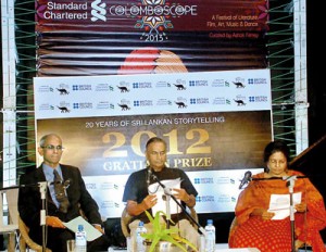The panel of judges: (L-r) Lynn Ockersz, Jayantha Dhanapala and Sumathy Sivamohan. Pix by M.D. Nissanka