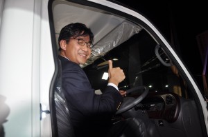 Korean Ambassador Tong Moon Choi  gives a thumbs up seated inside a Hyundai  truck. Pic by Ranjit Perera.
