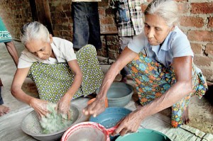 Preparations begin for the making of aasmi, with Susila nenda (on the left) in the home of Somawathi (on the right). Pix by M.A. Pushpa Kumara