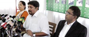 UNP MPs Ruwan Wijewardena (C) and Dr. Harsha de Silva (R) at a media briefing held at the Lanka Jathika Estate Workers’ Union auditorium, accused the Govt. of doublespeak in its dealings with the U.S. govt. Pic Athula Devapriya