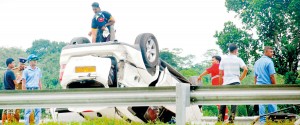The latest accident on the Southern Highway that claimed the life of one on Thursday.  Pic by S. Siriwardena