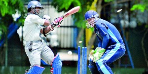 Sampath Bank’s Kaushal Silva is clean bowled.