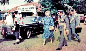 A friend of Lanka: British Prime Minister Margaret Thatcher arriving at the Air Force ground in Colombo to board a helicopter on her way to open the Victoria dam in 1985. With her in the picture are Air Force Commander Dick Perera and Squadron Leader Ravi Arunthavanathan, the Aid de Camp. President Jayewardene is also in the picture.