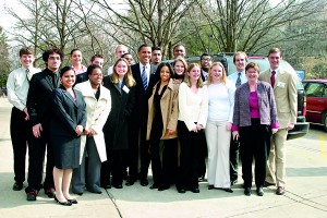 Young Illinois Senator Barack Obama visits Augustana College in Rock Island in Feb 2005 to meet with the student leaders. Madushika is in the first row far left.