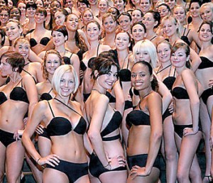 100 models wearing Wonderbra’s new Multiplunge bra arrive at the National Gallery in central London. But according to a new French study, women could be better off without the underwear staple