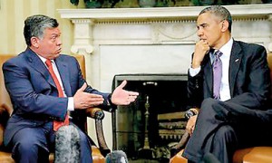 US President Barack Obama (R) listens to remarks by Jordan's King Abdullah prior to a bilateral meeting in the Oval Office of the White House in Washington to discuss issues like the Syrian crisis and regional security (REUTERS)