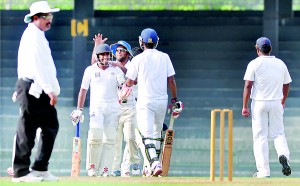 The national ‘A’ team cricketers seen during a practice match at the Premadasa Stadium on Friday.  					     - Pic Amila Gamage