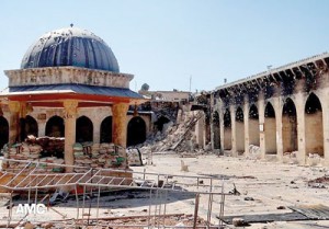 Wrecked jewel: The rubble-strewn remains of the 12th century Umayyad Mosque in Aleppo which has been devastated by heavy shelling (left). The complex pictured in 2009 before Syria's cataclysmic war turned it into a denuded shell (right)