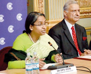 Dr Dipu Moni, Minister of Foreign Affairs, Bangladesh, and Chair of the Commonwealth Ministerial Action Group meeting the press at Marlborough House, London. Picture courtesy Commonwealth Secretariat