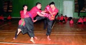 Two against one: A demonstration fight between S. Raguwaran, Ravi Soorya and Pasan David at the Grading Test