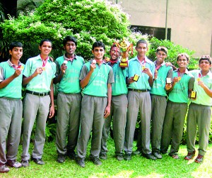 The victorious team with its members Sajad Ahamed, Ali Mohamed, Aquid Aslam, Inaam Ismail, Isuru Umayanga (Captain), Tishan Moondhu, Druvinka Mendis, Franco Jayasuriya, Mohammed Farook