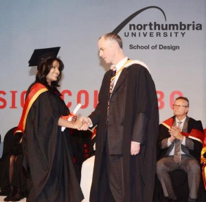 Prof. Steven Kyffin, Dean of Northumbria University UK Faculty of Arts and Design, congratulating Anuththara Weerasekare (BA Honours Fashion) at the Graduation in Sri Lanka