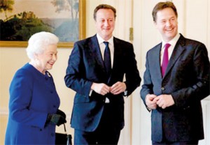 Photo from the UK Prime Minister's Office shows the Queen with Premier Cameron and Deputy, Nick Clegg. It was taken when the Queen addressed the House of Commons on Wednesday.