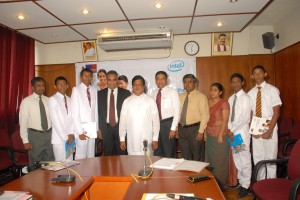 Picture shows from left: H. N. Gunasekera, Institution of Engineers Sri Lanka (IESL); Rakhitha Malewana and Subhash Gamage from Nalanda College, Colombo; Indika de Zoysa, Country Business Manager, Intel EM Limited, Sri Lanka Liaison office; Minister of Education, Bandula Gunawardena; Anura Dissanayake, Additional Secretary to the President; J. Meegoda – IESL; Nadeera Jayaweera, National Science Foundation; Dinesh Kapuge from Mihintala Maha Vidyalaya, Mihintala and Pasindu Wijesena from Ananda College, Colombo.