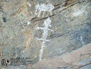 Animal art – This ash painting on rock by the Veddahs, comparing the sizes of a crocodile and elephant at Hulan-nuge in the Ampara district was photographed by croc expert Anslem de Silva.