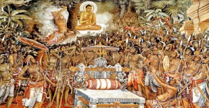 One of the most striking paintings at Kelaniya: Lord Buddha  bringing peace to the warring Naga kings Chulodara and Mahodara