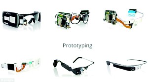 Google glass in prototype. In the top left, an early version simply had two mobiles strapped to the side of the head. As they progressed, Google began developing its own plastic and metal before the final version, bottom right, was decided upon