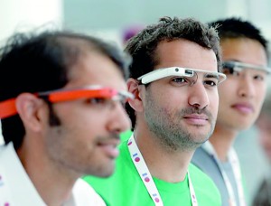 The finished product: Google Glass team members wear Google Glasses at a booth at Google I/O 2013 in San Francisco