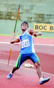 Ayesh Danuka Jayasinghe of Ibbagamuwa Central winner of under 16 javelin throw.                  - Pic by Ranjith Perera