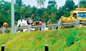 Ill-fated trip to Tangalle: The driver of this vehicle Shanaka Akmeemana was not wearing a seat belt when he decided to step on the accelerator to get to his  destination as quickly as possible. Pix by Susantha Liyanawatte