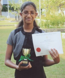 Ayushki Pathiraja,  of Royal International School, Kurunegala was awarded the ‘Special Prize’ for obtaining  100 marks for Grade Three Music Theory at the all-island graded examinations 2012  conducted by the Institute of Western Music and Speech at the prize-giving held at the BMICH recently.