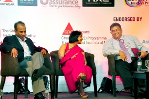 Asantha Ranasinghe, Marketing Director– Unilever (left): Varuni Fernando, Jt. Managing  Director– Triad and Gerald de Saram, Managing  Director – Akzo Nobel Sri Lanka enjoying a lighter moment during a panel discussion. Pic by Mangala Weerasekera