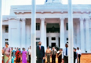 Pic shows Mr. Wickremasinghe hoisting the National Flag at the Council premises. Municipal Commissioner Ms. Bhadrani Jayawardhane and Municipal Treasurer Mr. K D. Chitrapala are also in the picture.