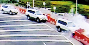 Three surveillance clippings capture a vehicle losing control and hitting the protective railing