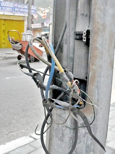 Carelessly taped high voltage wires on the usually extremely busy Maradana Road. The authorities are obviously not bothered for the safety of passersby…