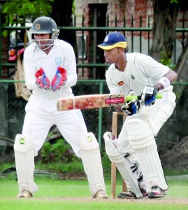 Colts’ Sadeera Samarawickrema plays on the off against CCC at their home ground. 			      - Pic by Amila Gamage