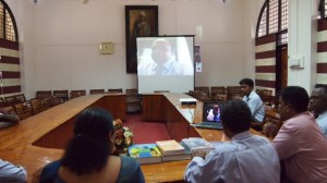 Vice Chancellor of Jaffna University, Snr. Prof. (Ms) Vasanthi Arasaratnam and  President, IESL, Eng. Tilak De Silva interacting through SKYPE with Chairman , IESL NSW Chapter, Chairman, Eng. Kamal Fernando at the event.