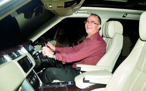 Picture by Ranjit Perera shows British Ambassador John Rankin trying out the new Range Rover vehicle.
