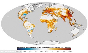This map uses air pollution data gathered by the University of North Carolina. Dark brown areas have more premature deaths than light brown areas. The areas shown in blue represent countries where air quality has improved in relation to data previously held about pollution from the 1850s (NASA)