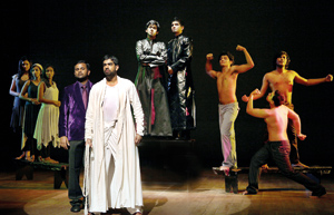 Mario de Soyza as Pontius Pilate and Rehan Almeida as Jesus. In the background (centre) Sachintha Dias as Caiphas and Dino Corea as Anaas
