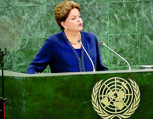 The Brazilian president Dilma Rousseff speaks at the United Nations (U.N.) General Assembly on September 24, 2013 in New York City.(AFP Photo / Spencer Platt)