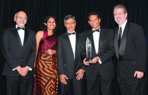 Picture from left - Jayantha Nagendran, Suwini Amarasinghe, Raja Senanayake, Dr Vijith Kannangara and Jay Mandarino Master of Ceremonies on receiving the Platinum Achievement Award.